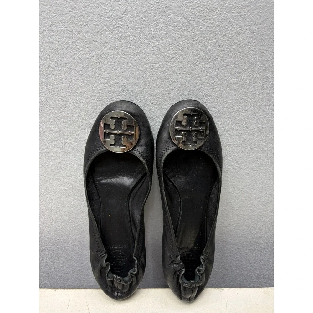 Tory Burch Reva Ballet Flats Womens Size US 9 Black Leather Silver Logo